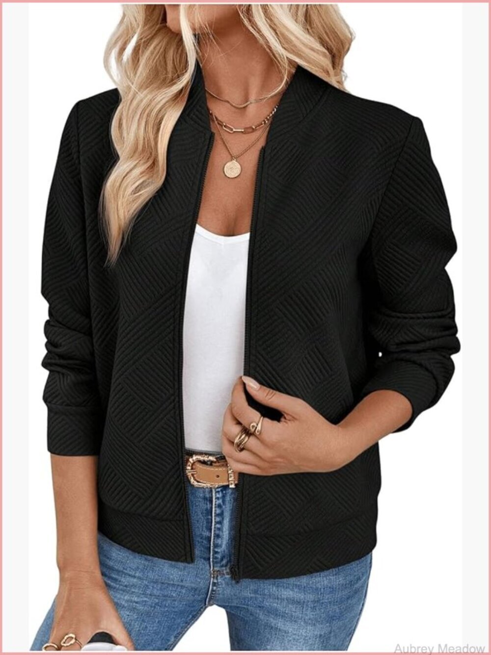 Zip Up Bomber Jacket Long Sleeve Textured Lightweight Coat Casual Business